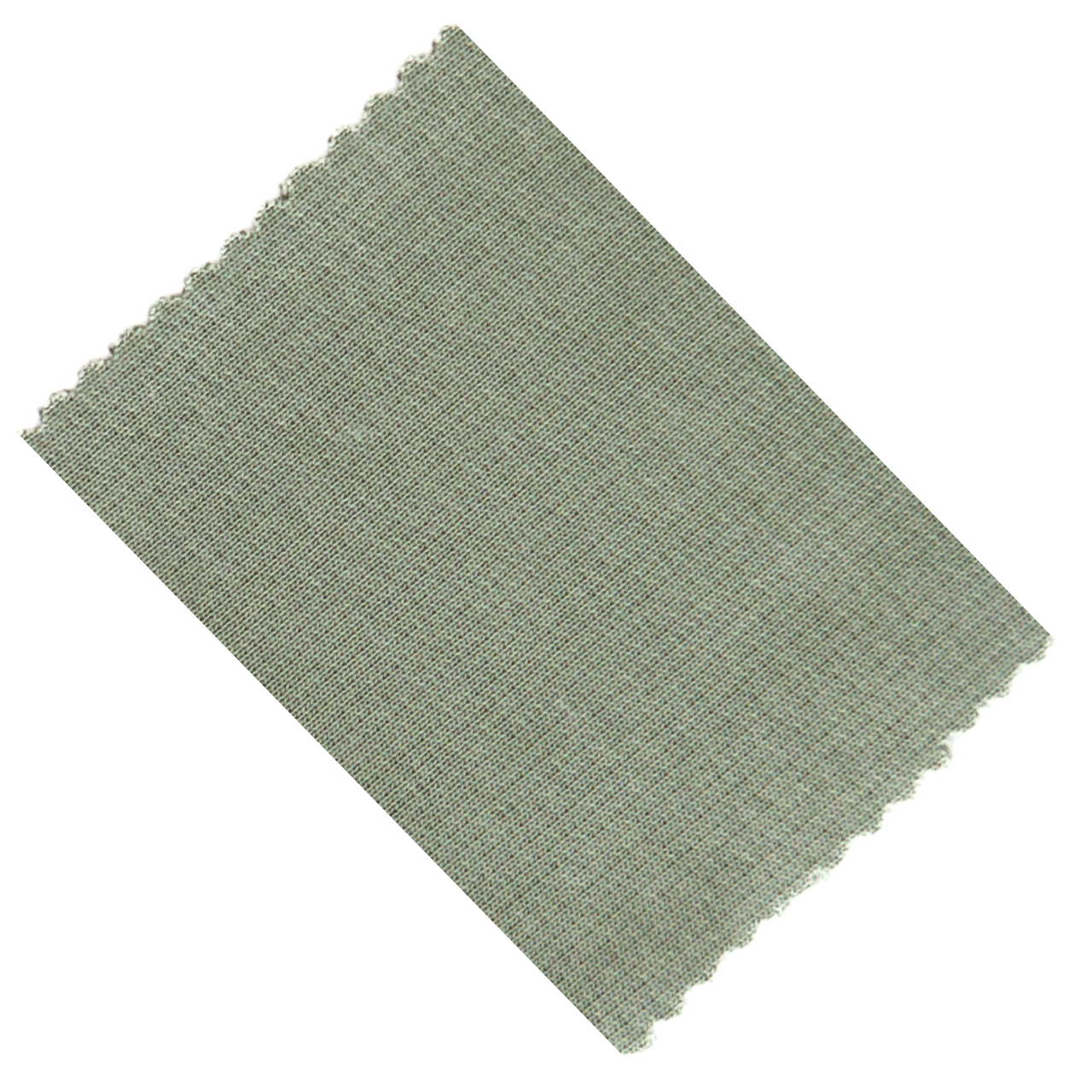 A rectangular swatch of sage-green interlock knit lying at an angle, its surface an even fine-grained mesh with softly notched edges.