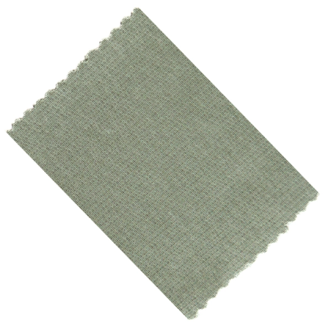 A rectangular swatch of sage-green interlock knit lying at an angle, its surface an even fine-grained mesh with softly notched edges.