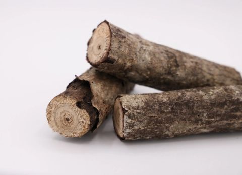 Three short butternut logs stacked loosely, their bark grey-brown and finely furrowed, the sawn ends showing pale concentric growth rings.