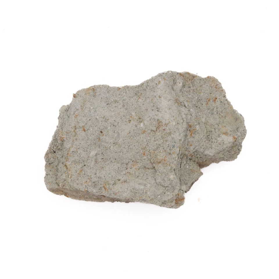 A rough, irregular chunk of dry clay in pale blue-grey, its broken surface coarse and crumbly and scattered with rust-orange iron staining.