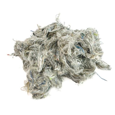 A loose mass of recycled fibre fill in mottled grey, wiry and tangled, threaded through with flecks of blue, green and black.