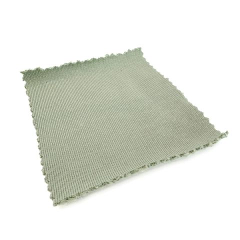 A square swatch of sage-green fleece seen at an angle, its face finely ribbed with vertical lines and its cut edges softly serrated.