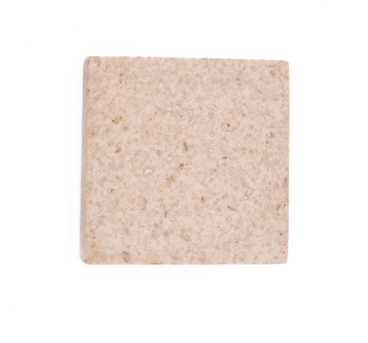 A square tile in pale oatmeal, its surface densely flecked with darker crumbs and pitted with small voids.