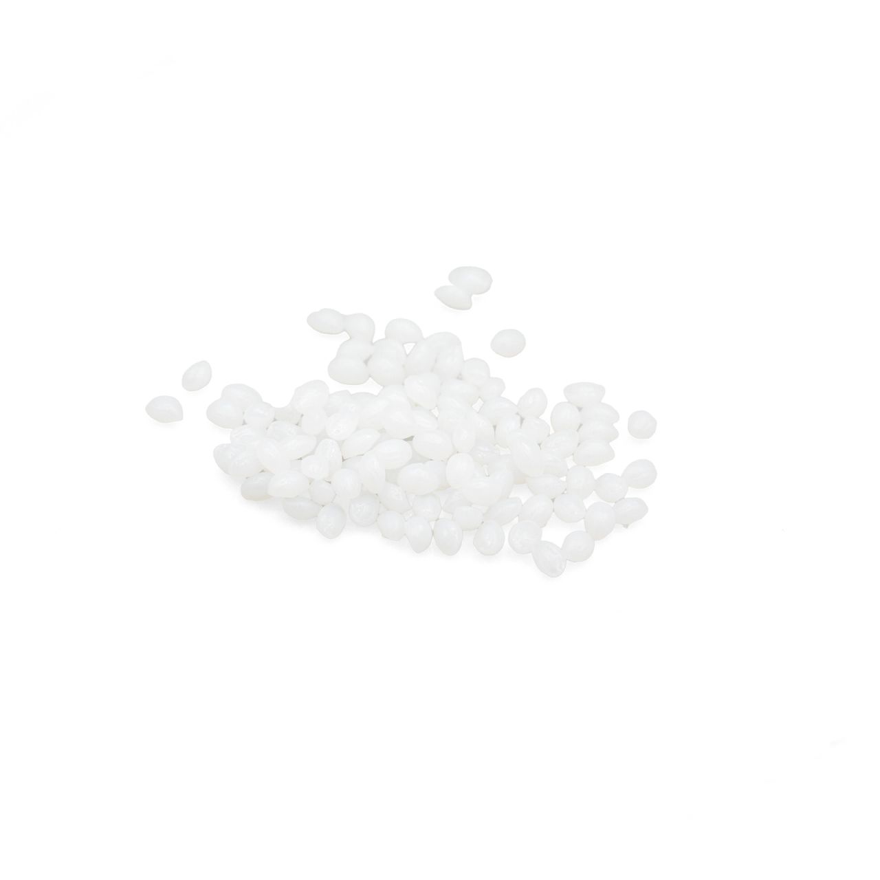 A scatter of small white plastic pellets, each an opaque rounded bead with a soft sheen.