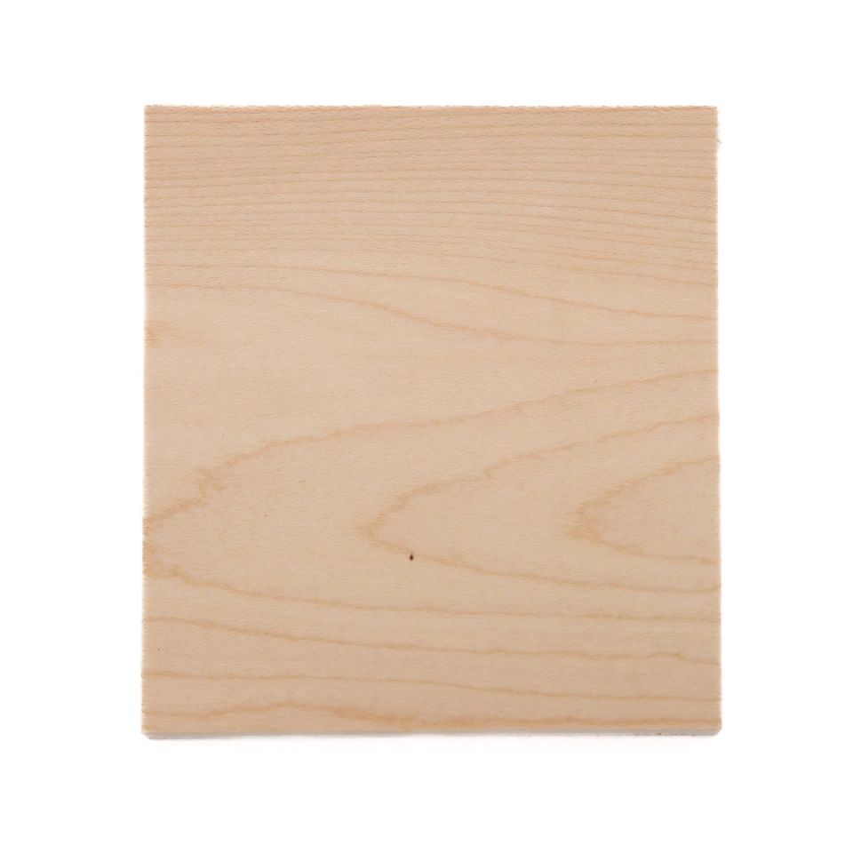 A square of birch-faced plywood, its front veneer pale and almost plain with a faint arc of grain.