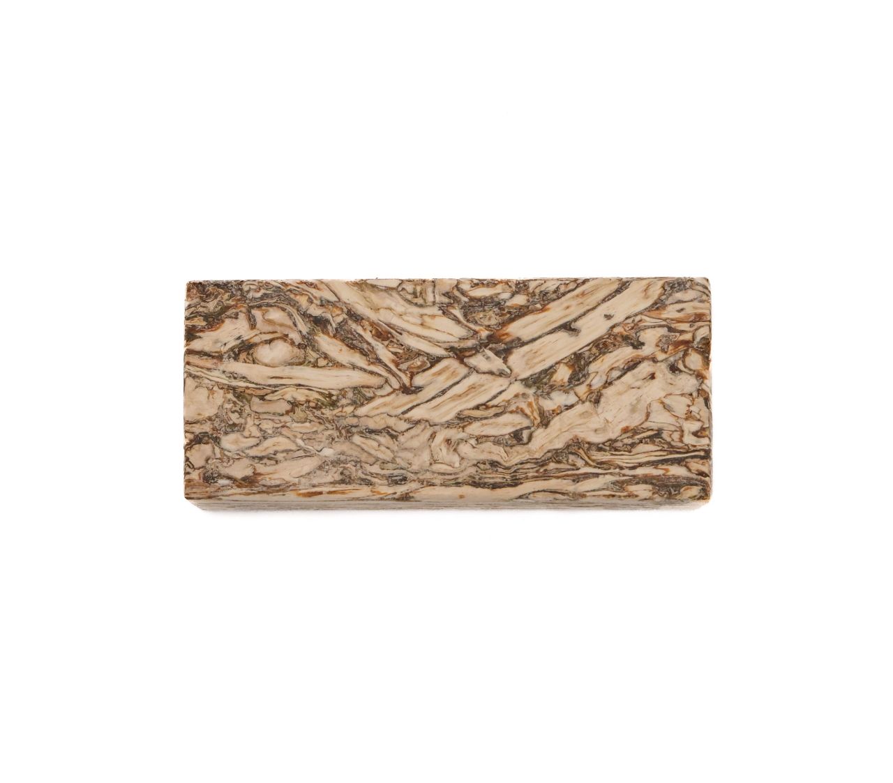 A rectangular block of engineered hemp lumber, its face a swirling marbled pattern of cream and dark brown running lengthwise.
