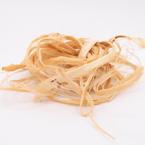 A loose tangle of tulip poplar inner bark in pale apricot, flat ribbons looping over one another with fine threads splitting from their edges.