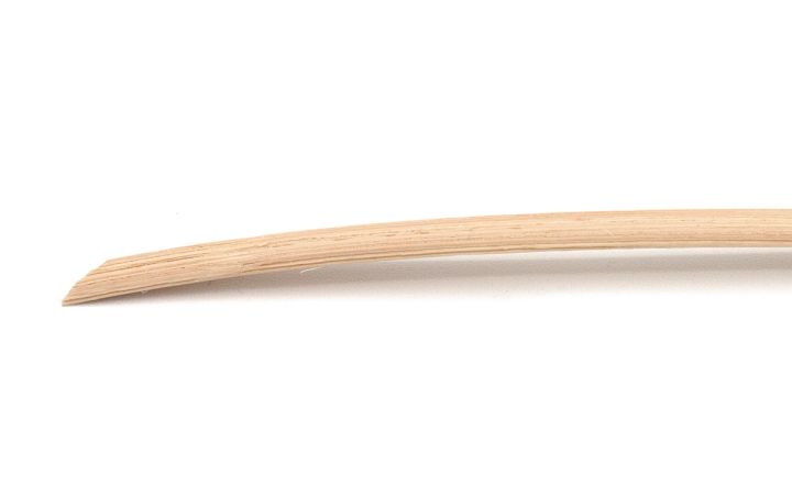 The splint from the side, its long taper and thin flexed profile clear against a plain ground.