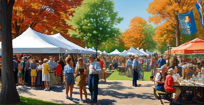 A lively community event with people of various ages and backgrounds interacting with historical exhibits in a park setting, with colorful banners and trees around.