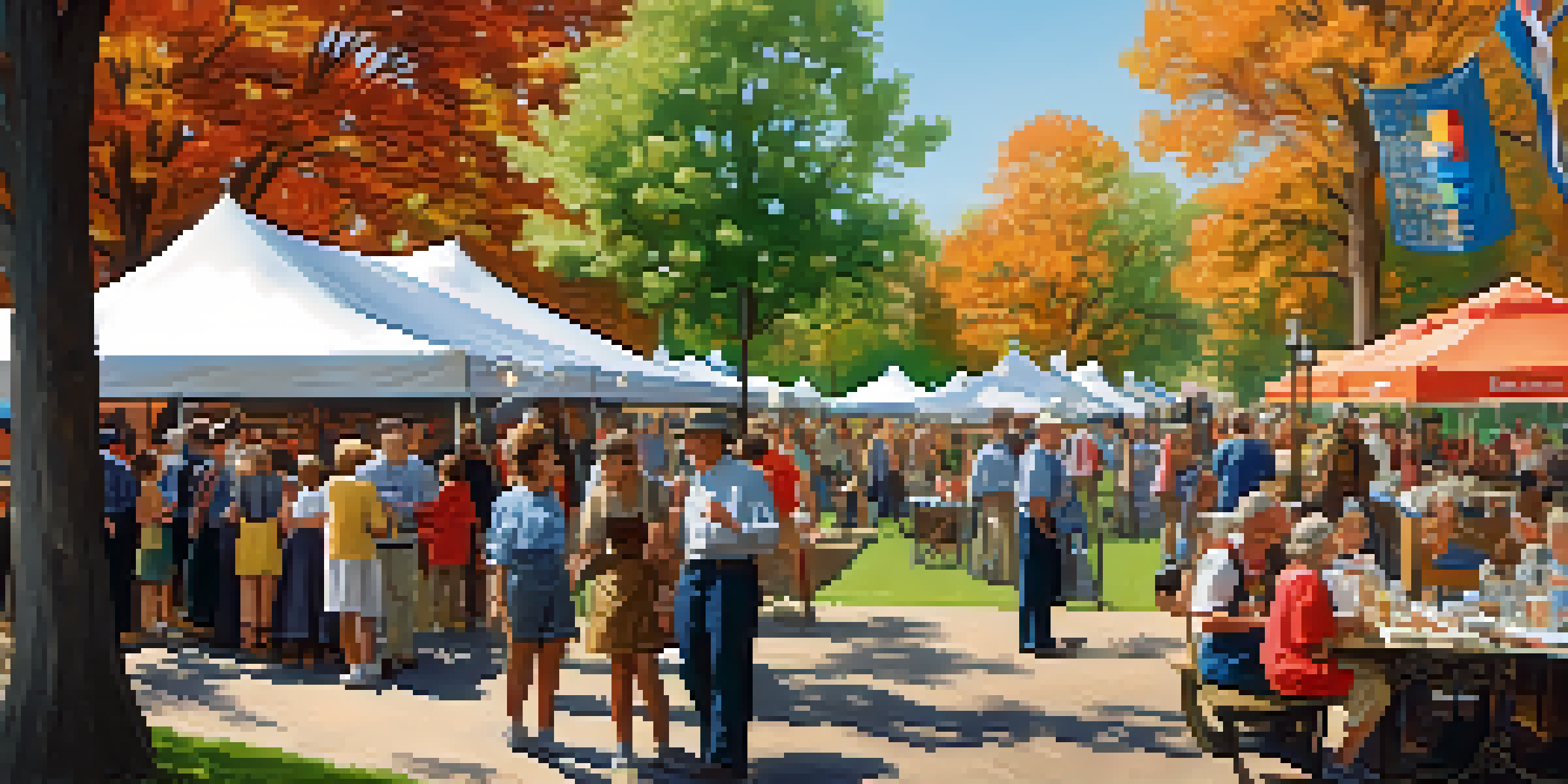 A lively community event with people of various ages and backgrounds interacting with historical exhibits in a park setting, with colorful banners and trees around.