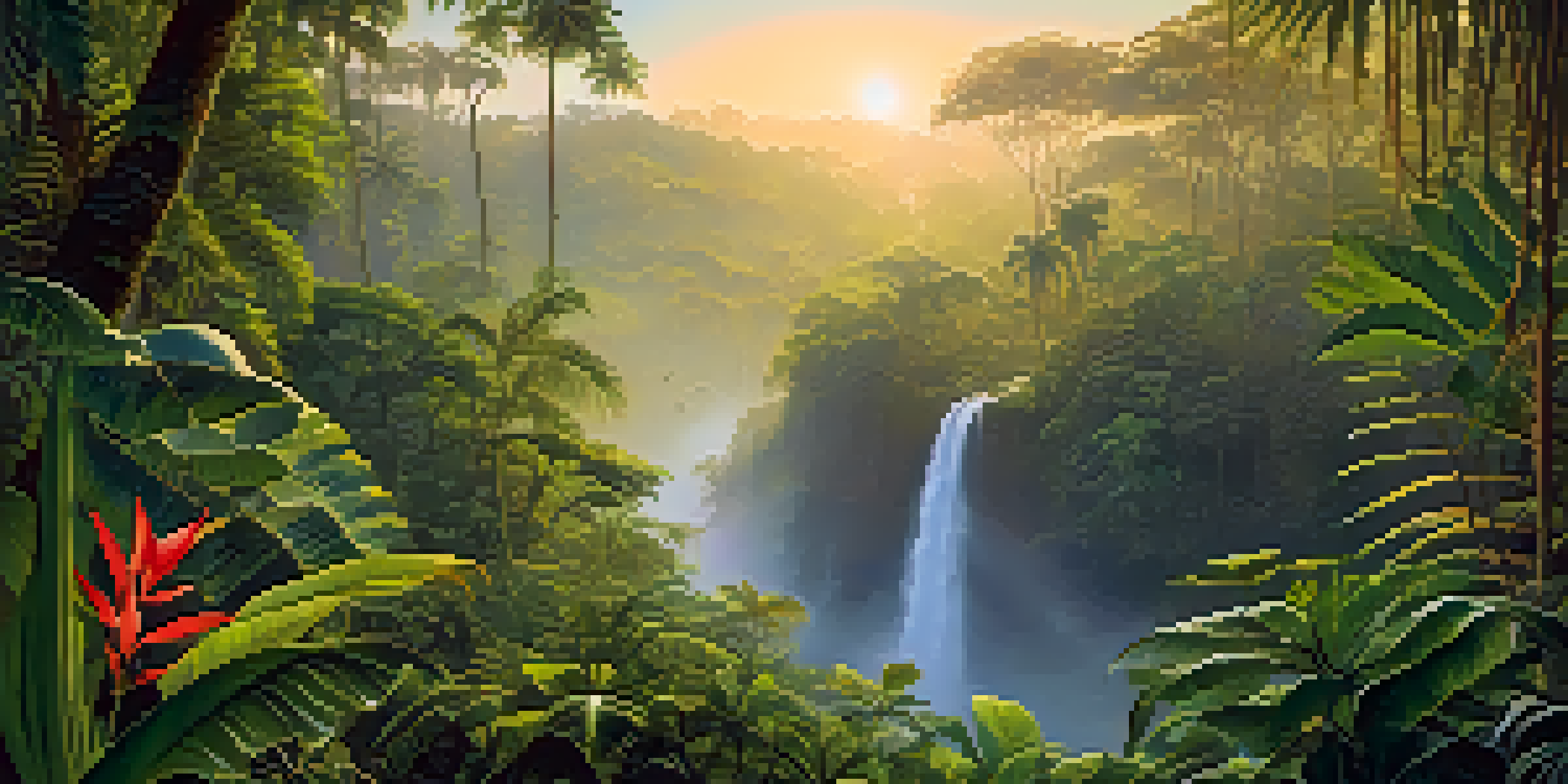 A beautiful sunrise in a lush rainforest with vibrant green plants and colorful birds, illuminated by soft golden light.