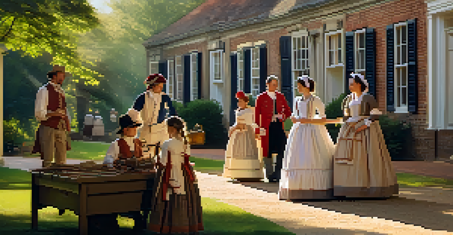 A family in colonial attire engaging in crafts during a historical reenactment at Colonial Williamsburg.