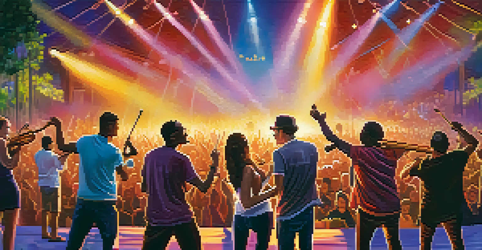 A diverse group of musicians performing energetically on stage at a community music festival with an engaged audience.