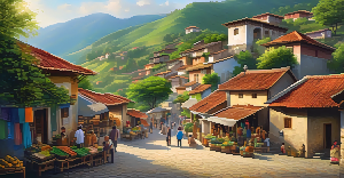A small village market scene with tourists interacting with local artisans amidst colorful houses and green hills.