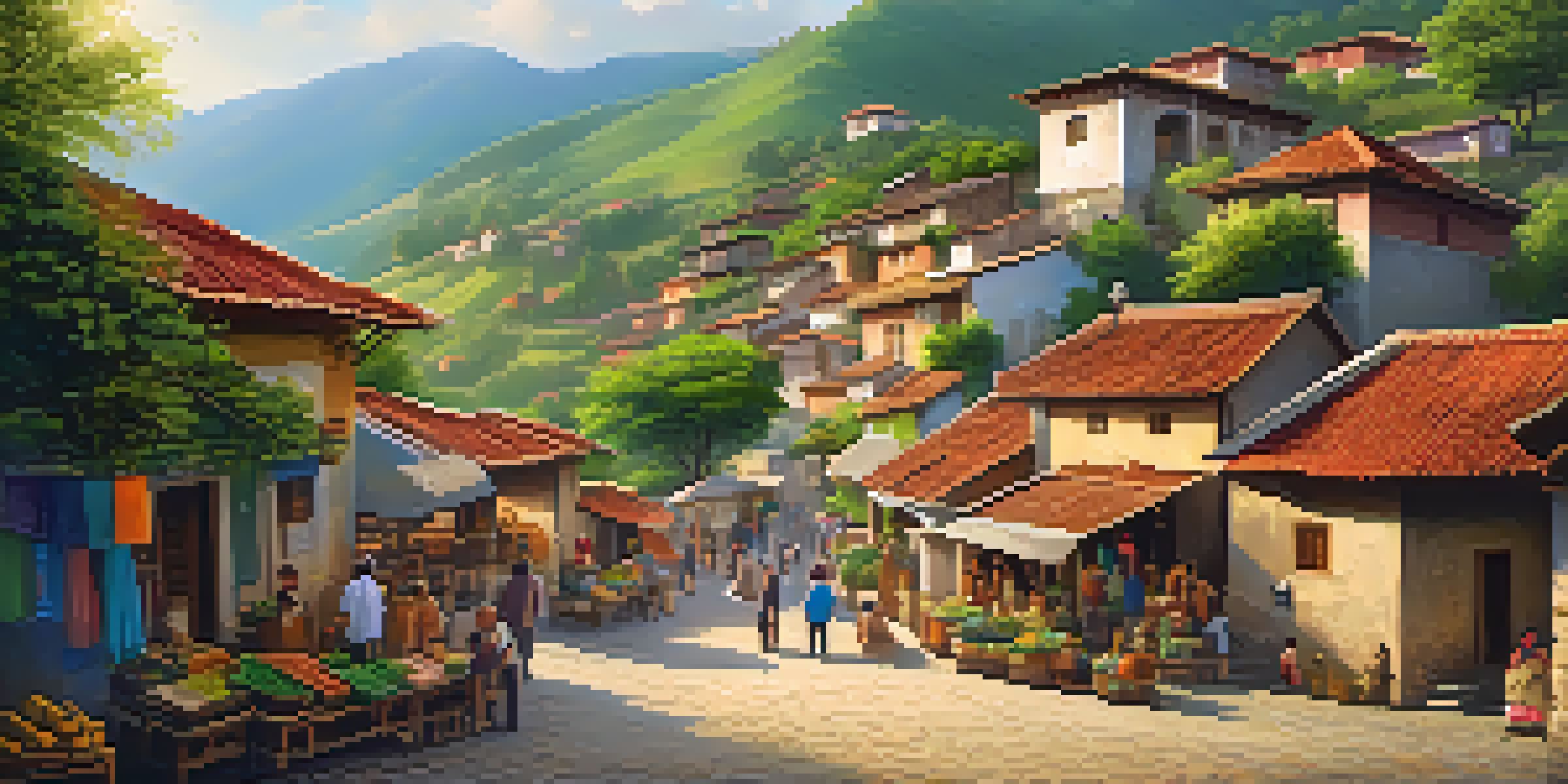 A small village market scene with tourists interacting with local artisans amidst colorful houses and green hills.