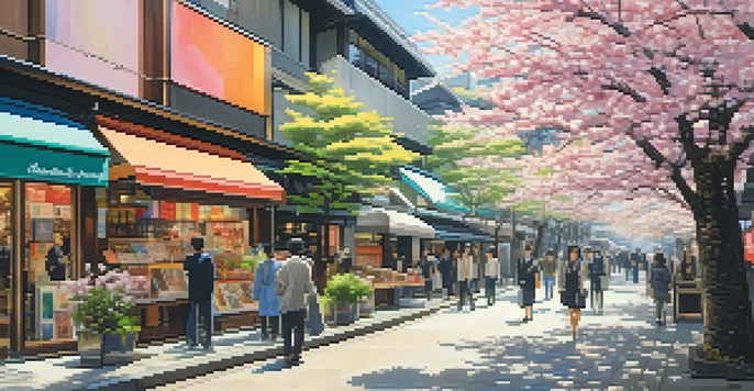 A lively street scene in Tokyo with colorful public art and modern buildings, featuring pedestrians and cherry blossoms.