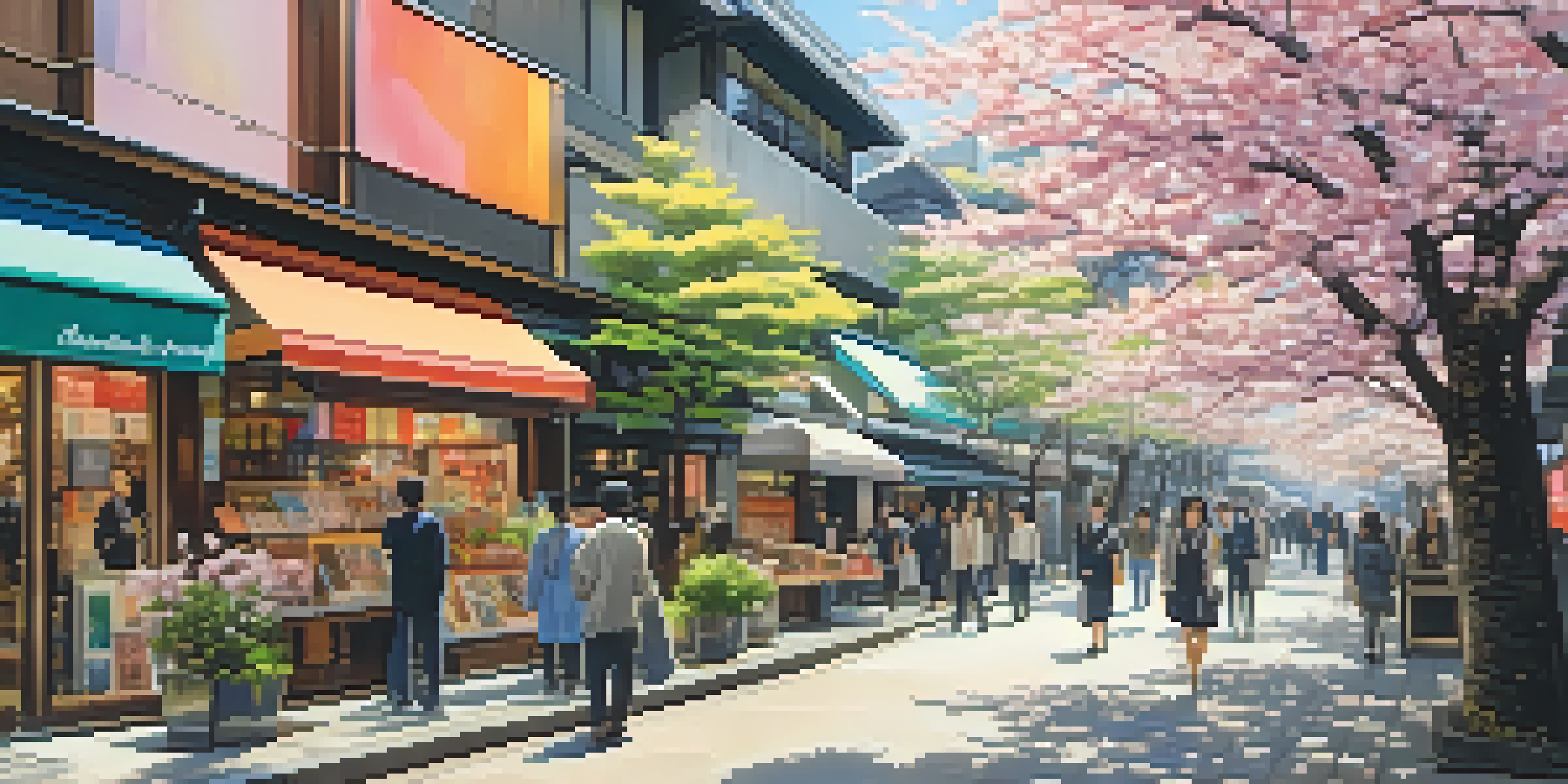 A lively street scene in Tokyo with colorful public art and modern buildings, featuring pedestrians and cherry blossoms.