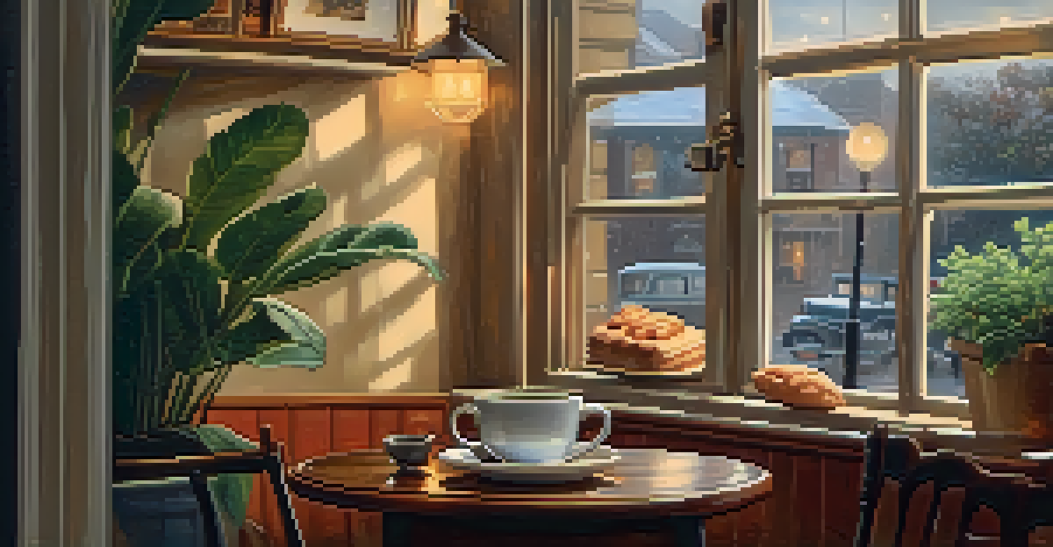 A warm café interior with a cup of coffee and a pastry on a wooden table, featuring a rainy scene outside the window.