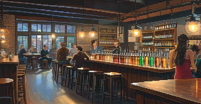 Interior of a craft brewery with wooden furnishings, warm lights, and patrons enjoying drinks.