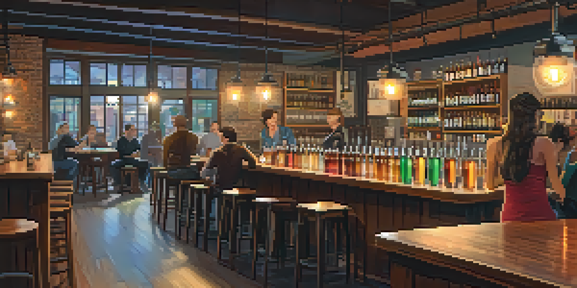 Interior of a craft brewery with wooden furnishings, warm lights, and patrons enjoying drinks.
