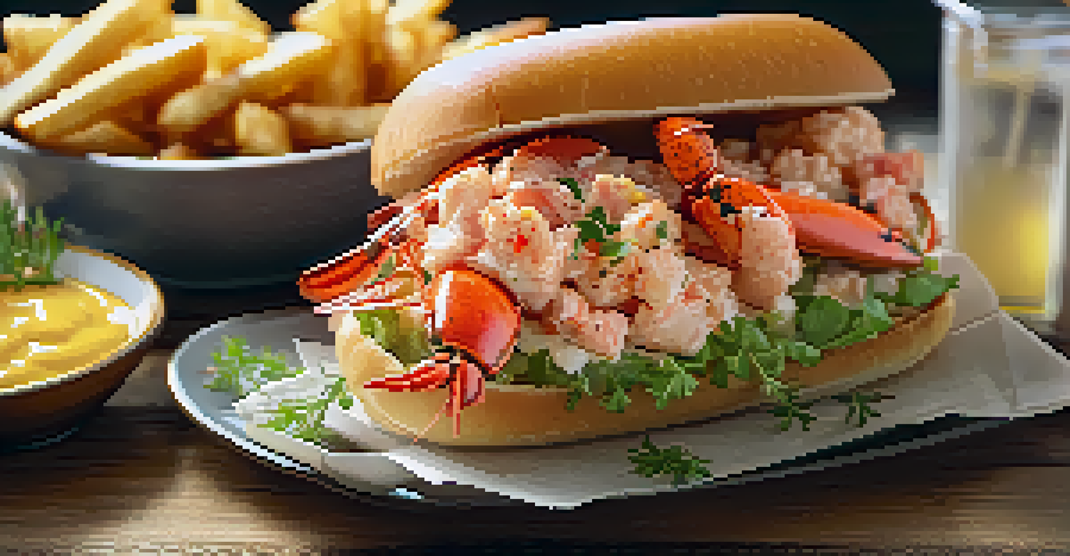 A close-up of a lobster roll on a buttered bun with crispy fries, showcasing succulent lobster meat and fresh herbs on a rustic wooden table.