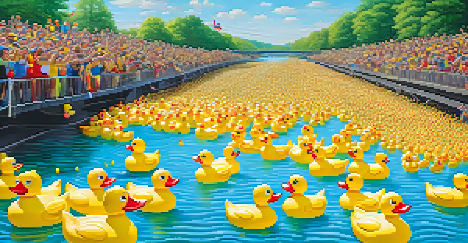 A joyful rubber duck race with colorful ducks floating on a river and spectators cheering.