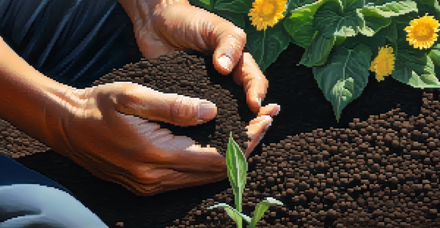 Close-up of hands planting seeds in soil, surrounded by blooming flowers and greenery in the background.