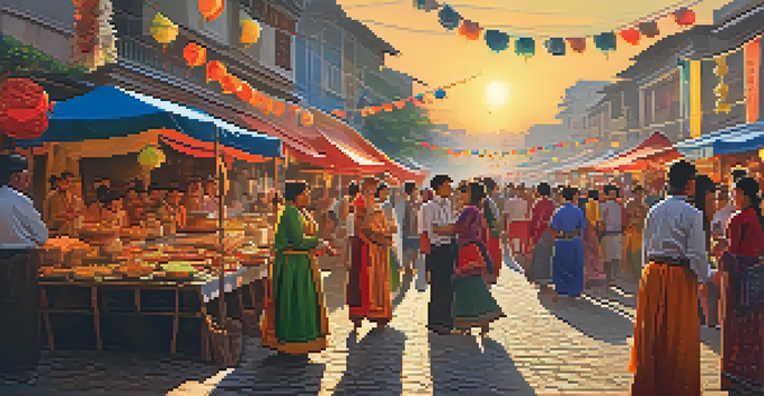 A lively street festival with colorful decorations, people in traditional clothing, and food stalls under a warm sunset.