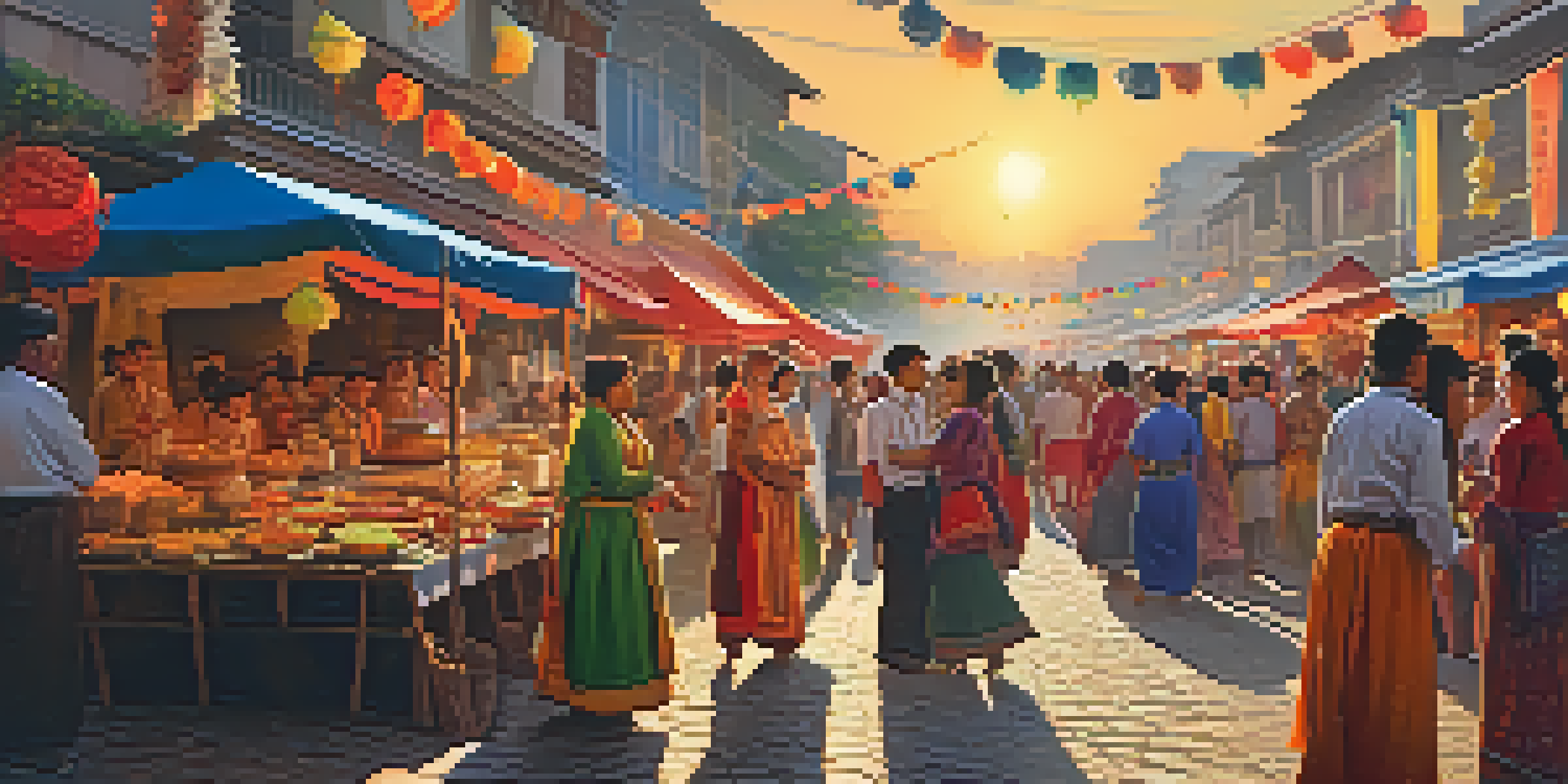 A lively street festival with colorful decorations, people in traditional clothing, and food stalls under a warm sunset.