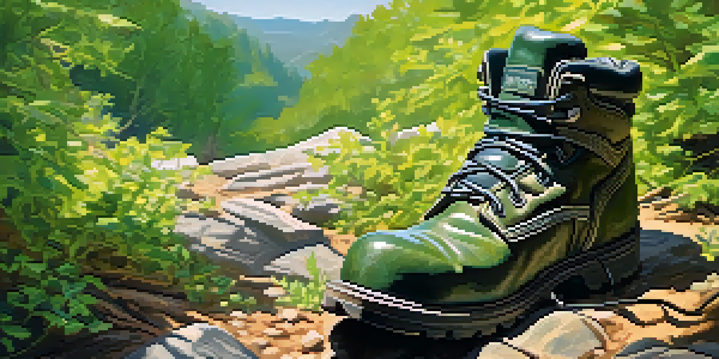 A close-up of a hiking boot on a rocky trail with green foliage and sunlight filtering through trees.
