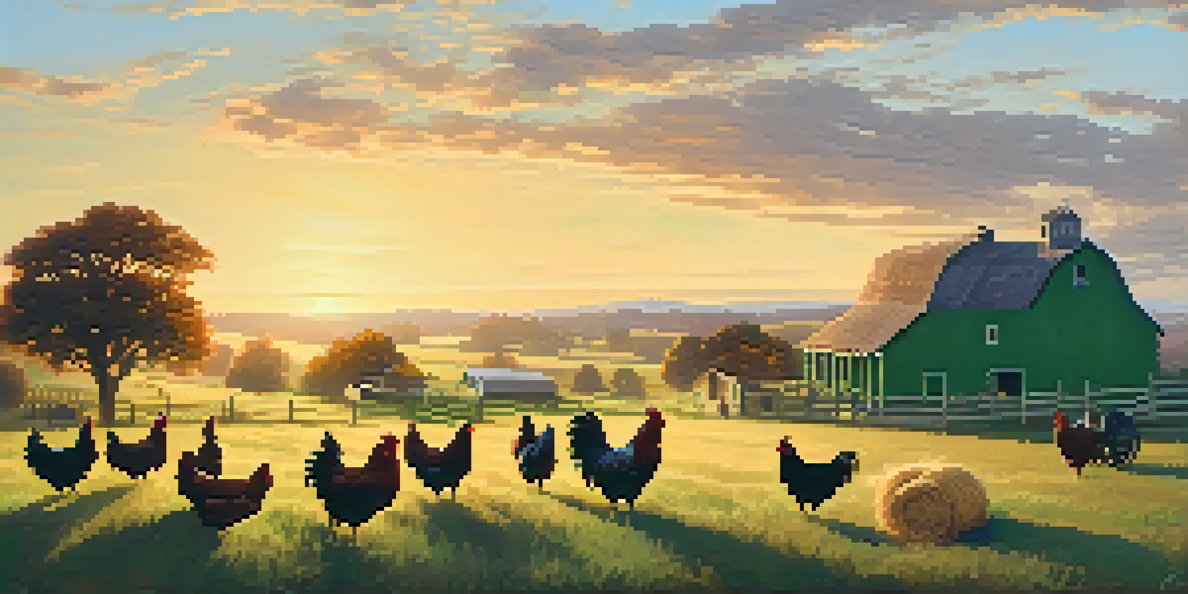 A peaceful morning on a farm with a farmhouse, rolling hills, and a farmer feeding chickens.