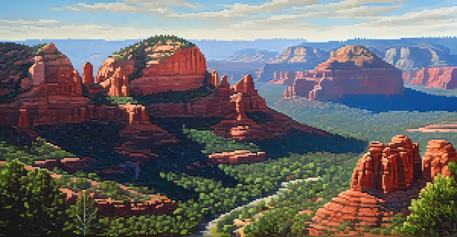 An overhead view of Sedona, Arizona, showcasing the vivid red rocks and lush green forests, with trails visible against a clear blue sky.