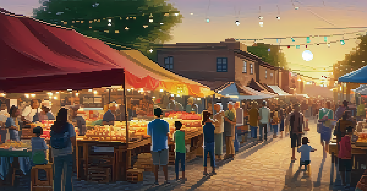A cozy corner of an artisan food market with a musician playing, families gathered, colorful banners, and a warm sunset glow.