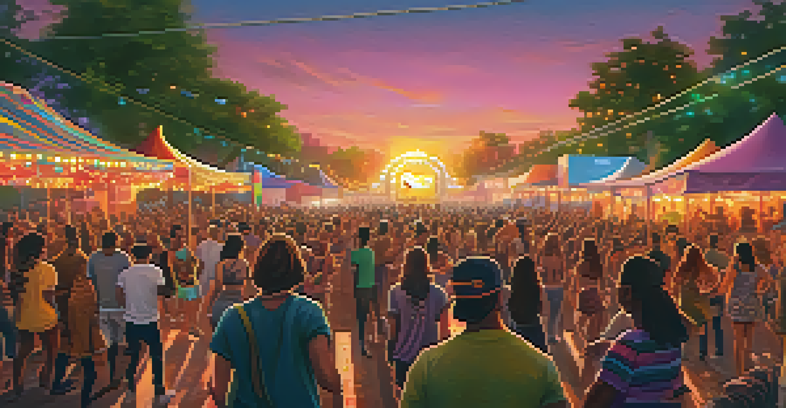 A bustling music festival at night with a large crowd, illuminated stage, and colorful food trucks under a sunset sky.