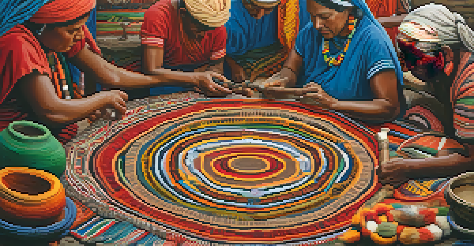 Artisans from an indigenous community working on cultural artifacts in a vibrant setting.