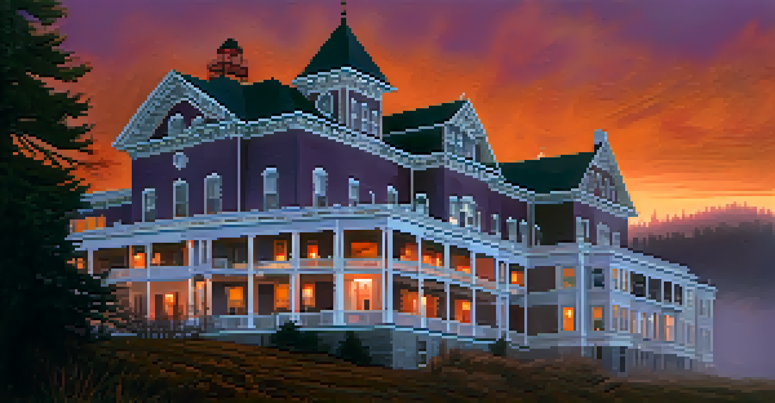 The Stanley Hotel under a misty twilight sky, with ghostly figures in the windows and vibrant sunset colors surrounding the iconic structure.