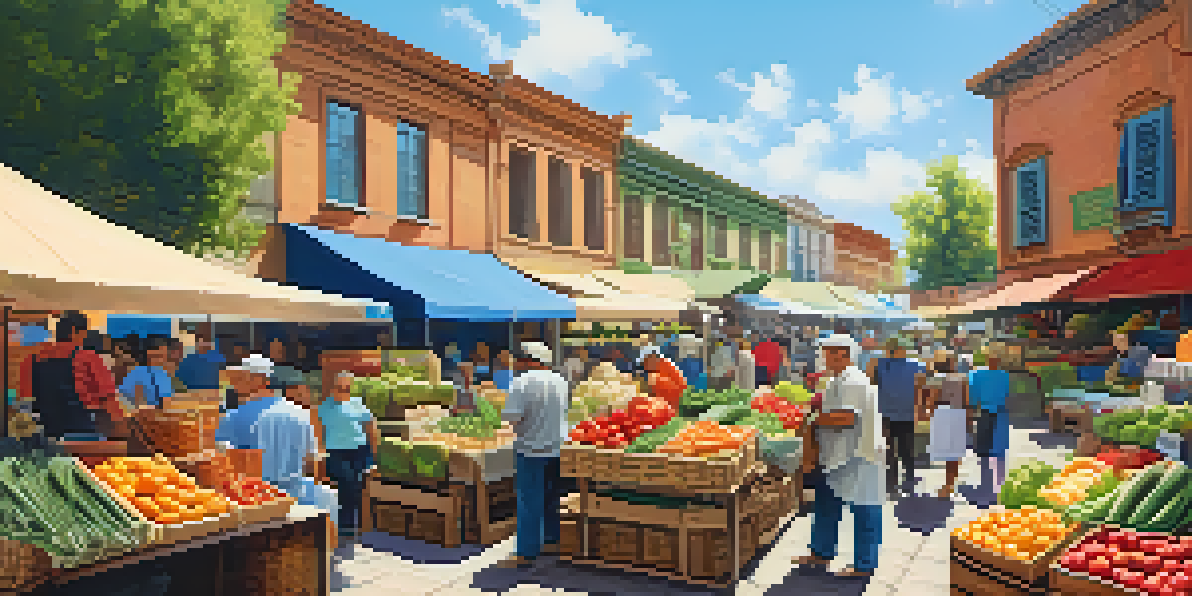 A lively artisan food market with colorful stalls filled with fresh fruits and vegetables, vendors engaging with customers under a sunny sky.