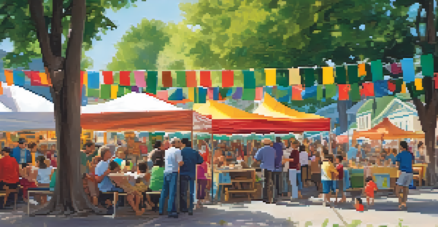 A lively community storytelling festival with colorful booths and diverse participants sharing stories.