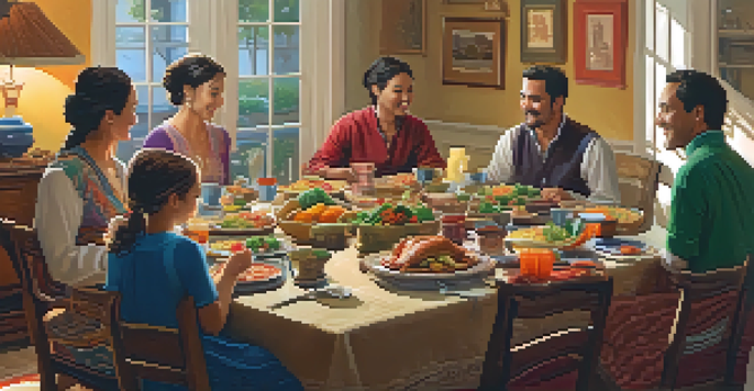 A family enjoying a traditional meal around a dining table, with colorful dishes and warm ambient lighting.
