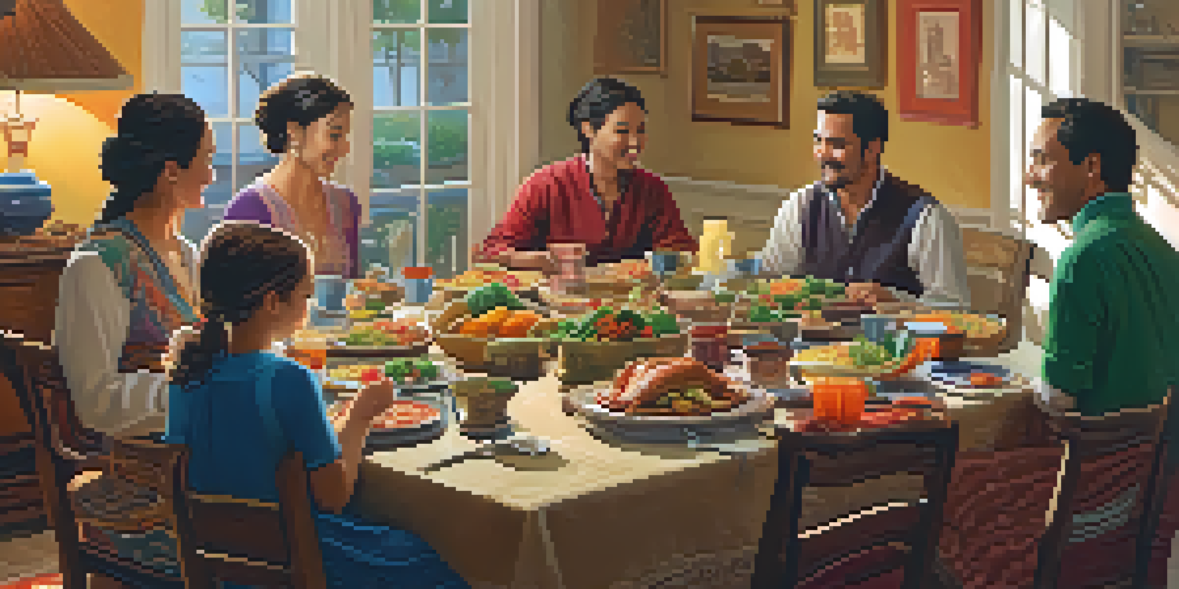 A family enjoying a traditional meal around a dining table, with colorful dishes and warm ambient lighting.