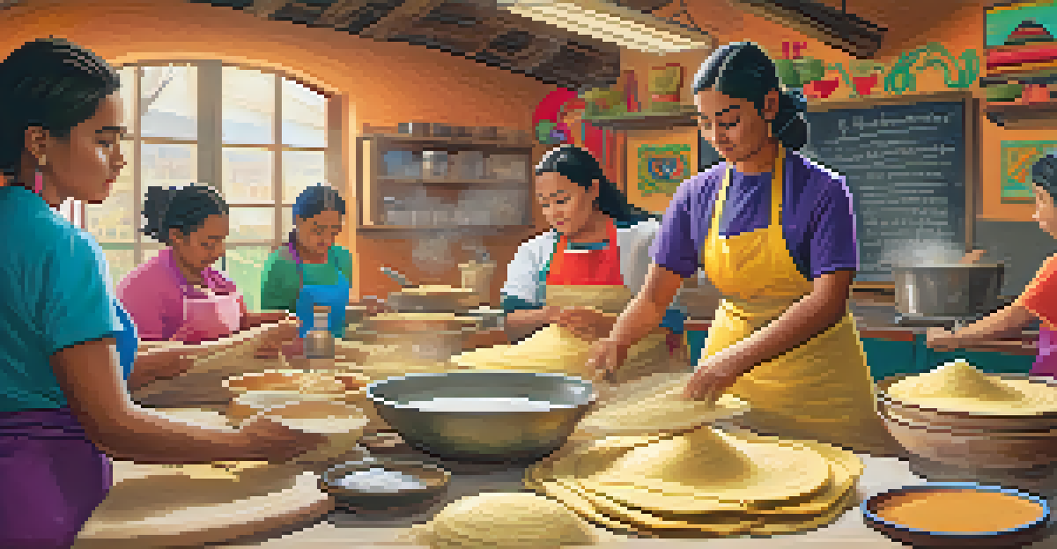 Participants in a cooking class making corn tortillas, using tortilla presses with a bright and colorful classroom atmosphere in the background.
