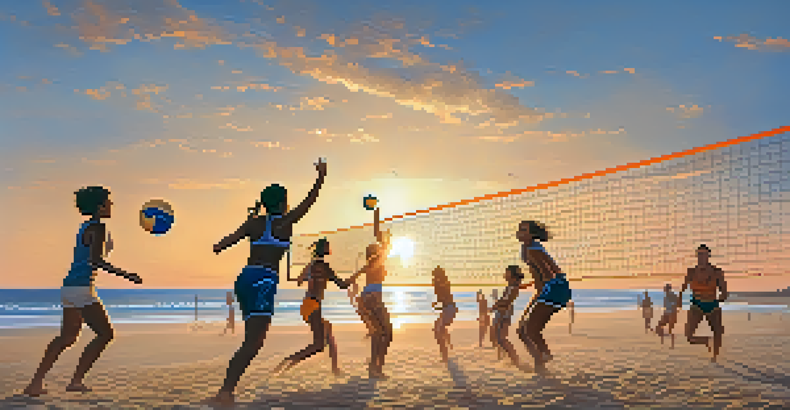 A family playing beach volleyball at sunset, with an exciting game taking place on the sand.