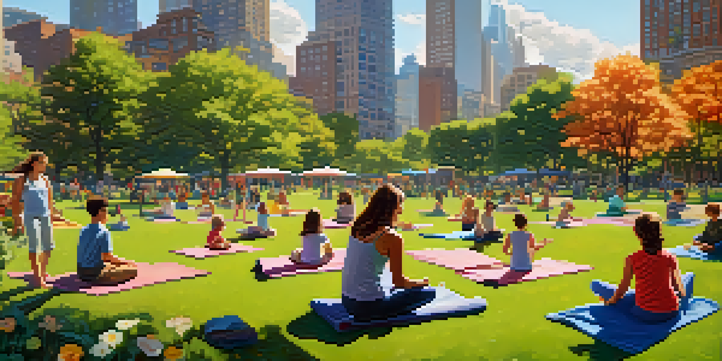 A busy urban park filled with families having picnics, children playing, and people practicing yoga under a sunny sky surrounded by city buildings.