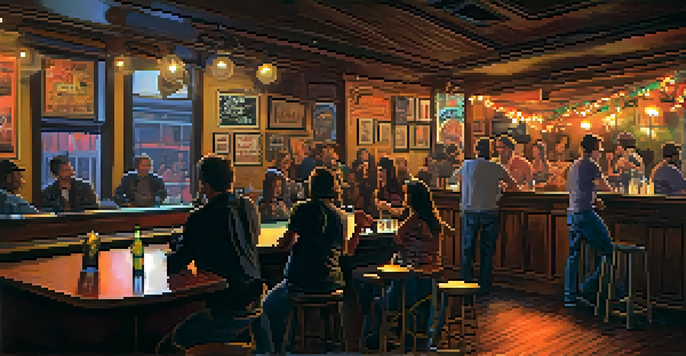 A small cozy bar with a local band performing on stage, with an engaged audience enjoying the music.