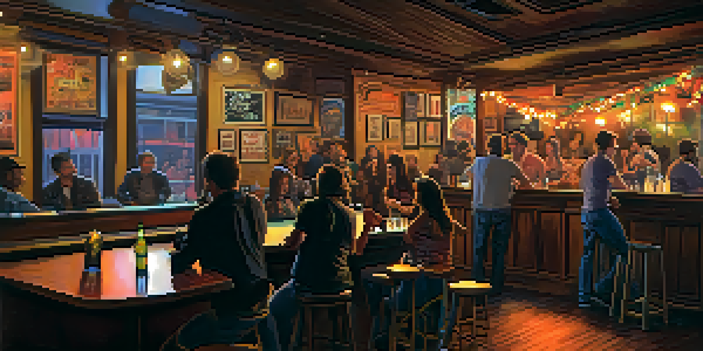 A small cozy bar with a local band performing on stage, with an engaged audience enjoying the music.