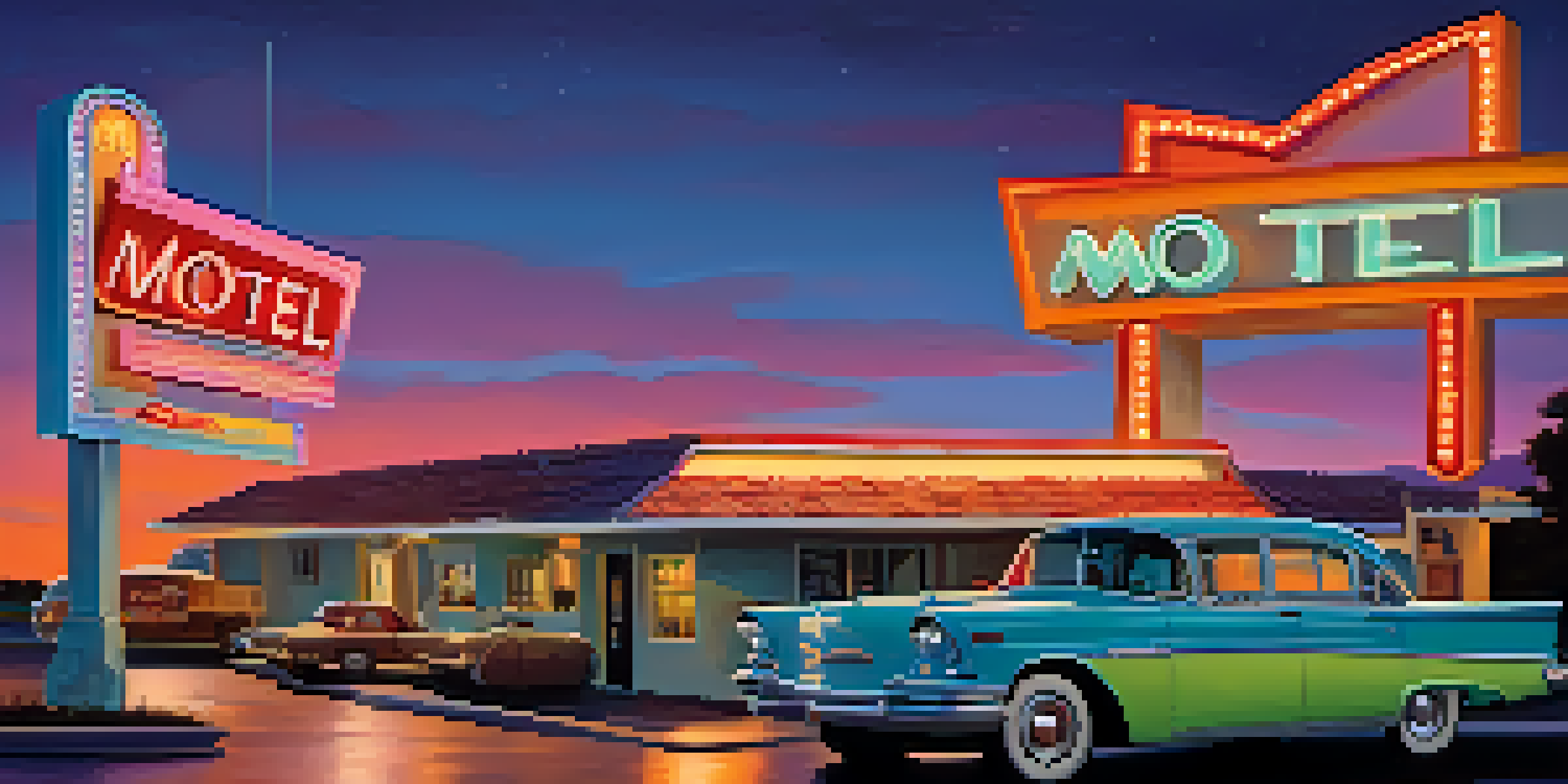 A colorful retro motel with a neon sign and a classic car parked in front, under a twilight sky.