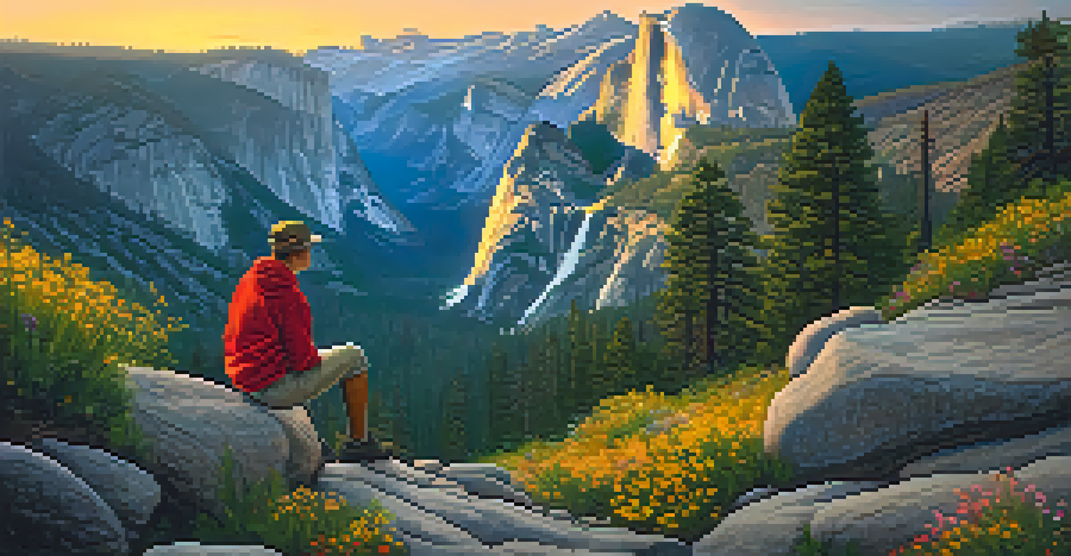 A hiker on a rocky outcrop in Yosemite National Park, gazing at a sunrise over mountains and valleys with blooming wildflowers in the foreground.