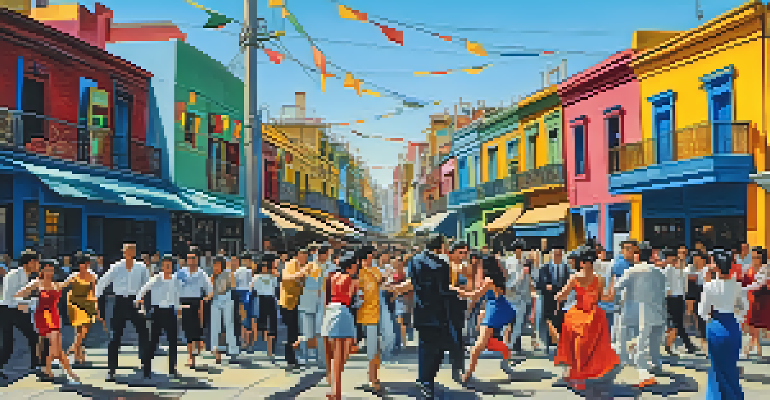 Colorful houses and tango dancers in the lively Caminito Street of La Boca, Buenos Aires.