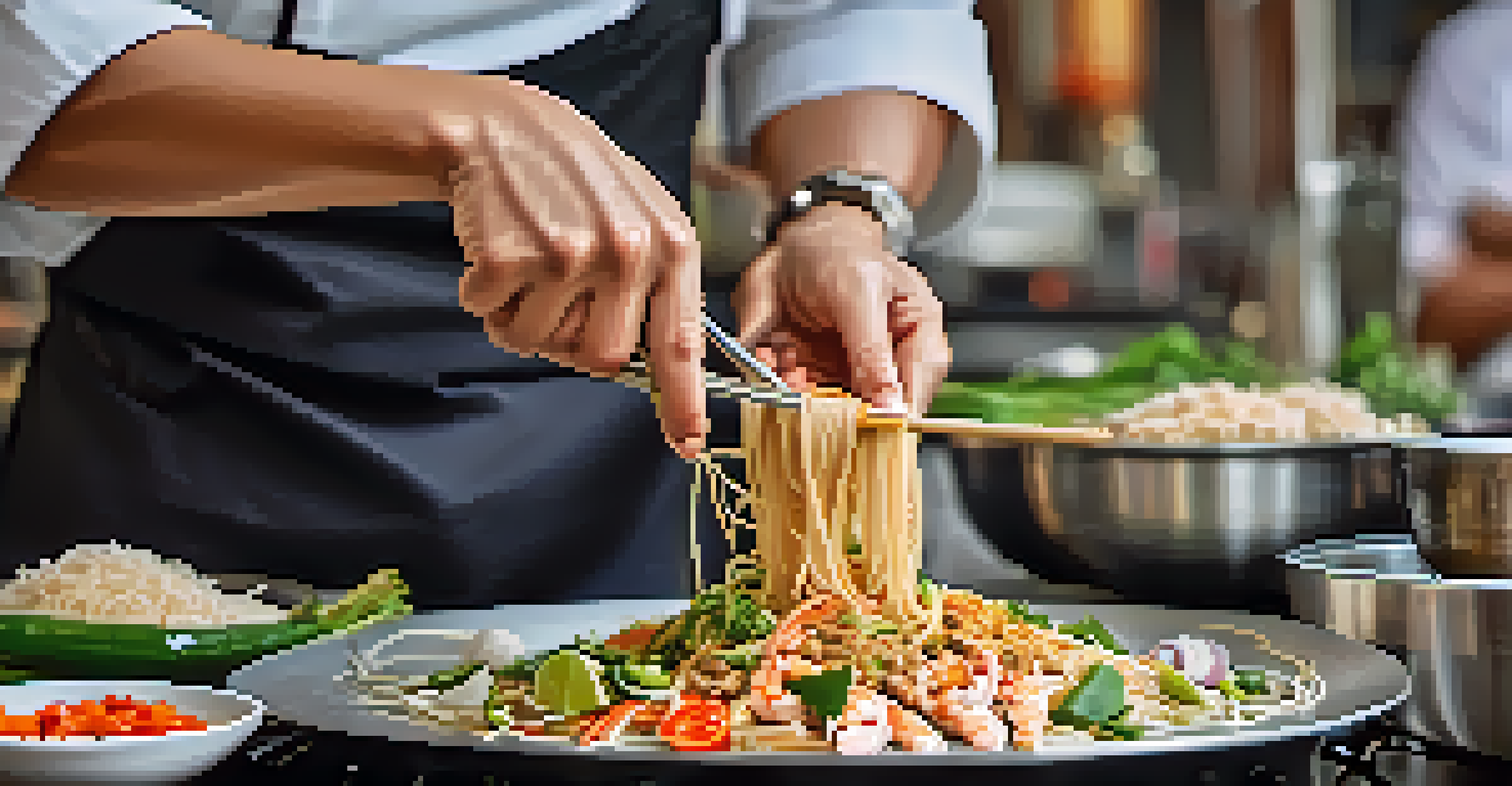 A chef preparing pad thai with fresh ingredients at a Thai cooking class, highlighted by natural light.