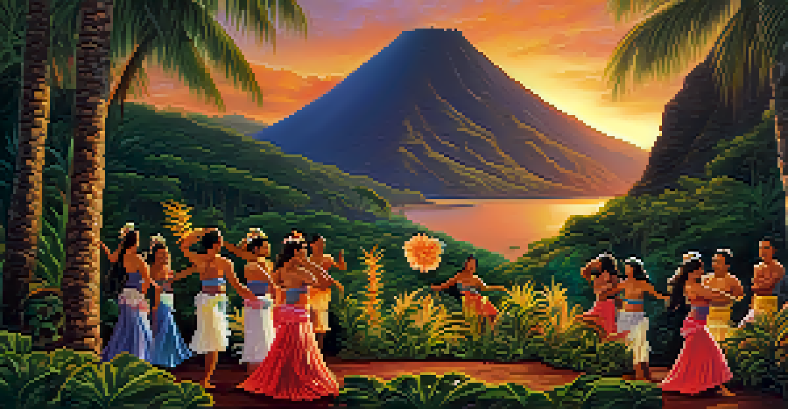 A Hawaiian luau with traditional dancers and a sunset backdrop of volcanic mountains.
